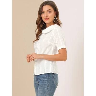 Allegra K Women's Peter Pan Collar Swiss Dots Short Sleeves Button Front Shirt 5 Allegra K Women's Peter Pan Collar Swiss Dots Short Sleeves Button Front Shirt - Image 3