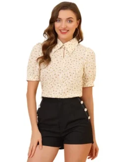 Allegra K Women's Vintage Floral Turndown Collar Split Neck Puff Short Sleeve Chiffon Elegant Blouse -Best Clothing Store GUEST 71336d91 e484 4974 a169 a7bc6c9cf02b
