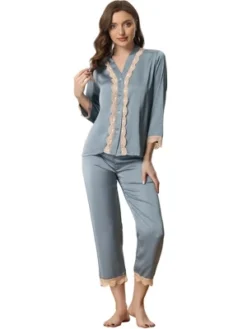 Cheibear Womens Long Sleeve Lace Trim Satin Button Shirt Pants Matching Couple Pajama Sets Sleepwear -Best Clothing Store GUEST 7251530f 2dac 4fd2 950d 2f153d980e26