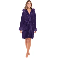 Women's Faux Fur Feather Hooded Robe, Soft Plush Fleece Knee Length Bathrobe With Hood -Best Clothing Store GUEST 729832c1 c5e6 4220 aba6 f0341fd9d24a