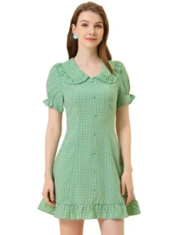 Allegra K Women's Plaid Gingham Puff Sleeve Ruffle Peter Pan Collar Vintage Dress -Best Clothing Store GUEST 76a2388e cceb 48a9 949d 64549f667053