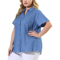 Agnes Orinda Women's Plus Size Jeans Short Sleeve Chest Pocket Button Down Denim Shirts -Best Clothing Store GUEST 77482965 3162 495e ad93 f712c7443fc8