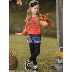 Girls Hello Pumpkin Top, Patched Denim Shorts & Legging Set Mia Belle Girls, Orange, 10 -Best Clothing Store GUEST 776141ac af01 422e 9ac7 cb88db4dc29f
