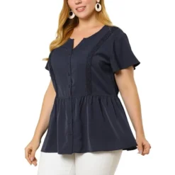 Agnes Orinda Women's Plus Size Shirt Bell Short Sleeve Button Down Collar Elastic Waist Flare Peplum Tops -Best Clothing Store GUEST 7ba52781 f893 4fbb adfa 3aa520eb9937