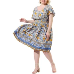 Agnes Orinda Women's Plus Size Fashion Boho Floral Smock Waist Outfits Midi Dresses