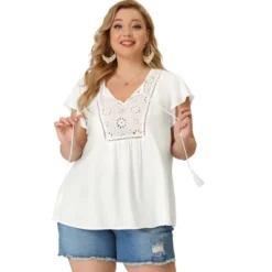 Agnes Orinda Women's Plus Size Blouse Ruffle Sleeve Lace Trim Tie Neck Peasant Top -Best Clothing Store GUEST 7eb534e0 b392 433e 9c17 09c03790d404