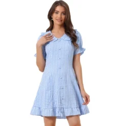 Allegra K Women's Plaid Gingham Puff Sleeve Ruffle Peter Pan Collar Vintage Dress -Best Clothing Store GUEST 7f8f13fd 9961 4a57 bcec c8b542df7a59