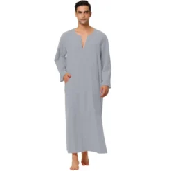 Lars Amadeus Men's Cotton V-Neck Side Split Long Night Gown With Pocket -Best Clothing Store GUEST 80e88f6d 3713 4658 80dd 8196984d52a1