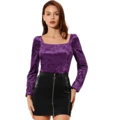 Allegra K Women's Velvet Top Long Sleeve Square Neck Blouse Shirt -Best Clothing Store GUEST 842a8344 e3bd 4c28 b48a dcaaab77ee96
