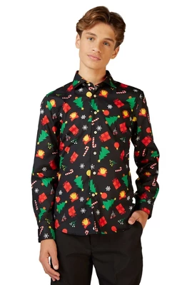 OppoSuits Teen Boys Christmas Shirt - Christmas Icons Black 7 OppoSuits Teen Boys Christmas Shirt - Christmas Icons Black - Image 5