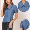 Allegra K Women's Chambray Peter Pan Collar Puff Sleeve Vintage Blouse -Best Clothing Store GUEST 8d56405a 2369 43d4 afb0 da94d43672c1