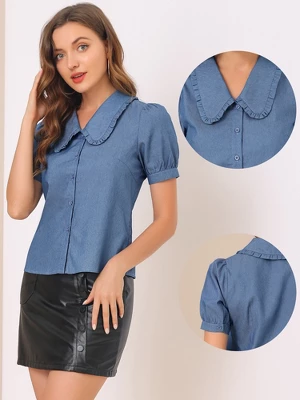 Allegra K Women's Chambray Peter Pan Collar Puff Sleeve Vintage Blouse 3 Allegra K Women's Chambray Peter Pan Collar Puff Sleeve Vintage Blouse