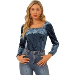 Allegra K Women's Velvet Top Long Sleeve Square Neck Blouse Shirt -Best Clothing Store GUEST 91206671 6c74 454f a404 1585a792d23f
