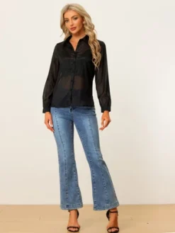 Allegra K Women's Sheer Mesh Long Sleeve Button Down Shirts -Best Clothing Store GUEST 93ec80ad 7e50 4524 bc14 a147559ed76b