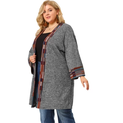 Agnes Orinda Women's Plus Size Contrast Placket Sleeves Knit Open Front Cardigans 5 Agnes Orinda Women's Plus Size Contrast Placket Sleeves Knit Open Front Cardigans - Image 3