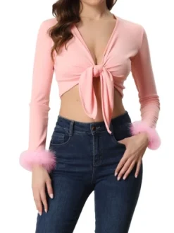 Allegra K Women's Tie Front Long Sleeve Faux Feather Cuff Open Navel Cardigan -Best Clothing Store GUEST 9673b3c4 ab54 4c94 be36 73171da5a9b6