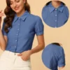 Allegra K Women's Point Collar Short Sleeve Button Down Denim Shirt -Best Clothing Store GUEST 970ce733 f5f9 4411 b04d dbd8aa272576
