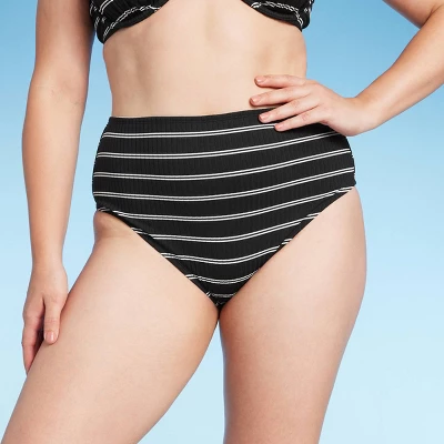 Women's Ribbed High Waist Bikini Bottom - Shade & Shore™ Black Striped 5 Women's Ribbed High Waist Bikini Bottom - Shade & Shore™ Black Striped - Image 3