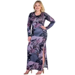 Womens Plus Size Floral Print Long Sleeve Side Slit Maxi Dress