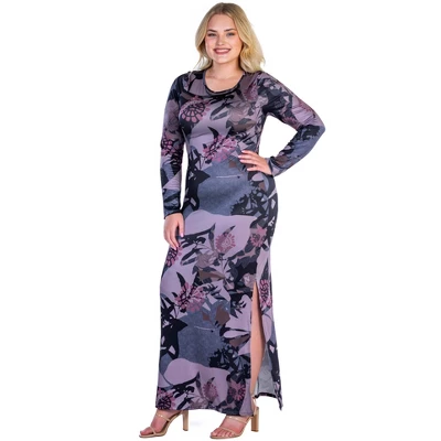 Womens Plus Size Floral Print Long Sleeve Side Slit Maxi Dress 3 Womens Plus Size Floral Print Long Sleeve Side Slit Maxi Dress