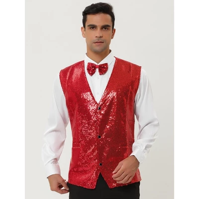 Lars Amadeus Men's Sequin Shiny Slim Fit Sleeveless Vest Suit Waistcoat Set With Bow Tie 4 Lars Amadeus Men's Sequin Shiny Slim Fit Sleeveless Vest Suit Waistcoat Set With Bow Tie - Image 2