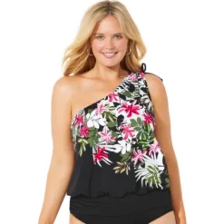 Swimsuits For All Women’s Plus Size One Shoulder Blouson Tankini Top