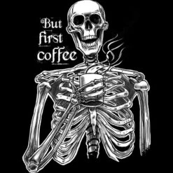 Men's Design By Humans Halloween Skeleton Drinking Coffee. But First Coffee By MelazergDesign Tank Top