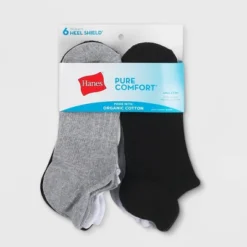 Hanes Pure Comfort Women's Organic Cotton Ribbed 6pk No Show Tab Casual Socks - Heather Gray/Black/White 5-9