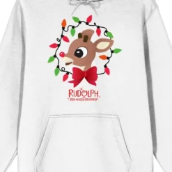 Rudolph The Red-Nosed Reindeer With Christmas Lights And Movie Title Logo Men's White Graphic Hoodie