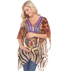 Maternity Animal Print Caftan With Tie-up Neckline - One Size Fits Most - White Mark -Best Clothing Store GUEST a48b05cf 5c79 47fd bded 39734453ad68
