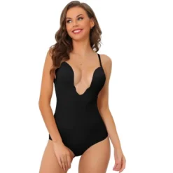 Allegra K Women's U Plunge Tummy Control Adjustable Straps Built-in Bra Full Leotard Jumpsuit Top -Best Clothing Store GUEST a5338836 c27e 4ecb 89b4 45a07d0efcfd