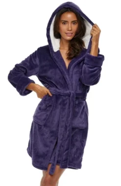 Women's Classic Plush Hooded Robe, Short Fleece Bathrobe With Hood -Best Clothing Store GUEST a8ab3d5c 0042 4617 b0bd 72d756961517