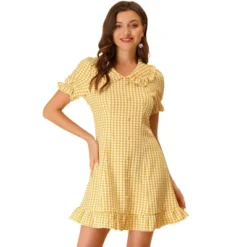 Allegra K Women's Plaid Gingham Puff Sleeve Ruffle Peter Pan Collar Vintage Dress -Best Clothing Store GUEST ab064790 27e3 4b11 b7db 71c0567eaa73