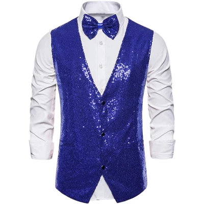Lars Amadeus Men's Sequin Shiny Slim Fit Sleeveless Vest Suit Waistcoat Set With Bow Tie 9 Lars Amadeus Men's Sequin Shiny Slim Fit Sleeveless Vest Suit Waistcoat Set With Bow Tie - Image 7