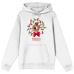 Rudolph The Red-Nosed Reindeer With Christmas Lights And Movie Title Logo Men's White Graphic Hoodie -Best Clothing Store GUEST b242e1d2 2a5f 4076 bc57 6fcbdc48d22e