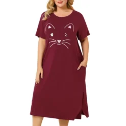 Agnes Orinda Womens Plus Size Short Sleeve Cute Cat Print Pockets Nightgown -Best Clothing Store GUEST ba397946 7e68 4d3a bd1d 58eea9ebefae
