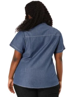 Agnes Orinda Women's Plus Size Jeans Short Sleeve Chest Pocket Button Down Denim Shirts -Best Clothing Store GUEST bc33af23 6f06 4d44 b9f5 f4f35b96b19f