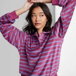 Women's Ascot + Hart Collared Striped Long Sleeve Graphic T-Shirt -Best Clothing Store GUEST bf80dcb3 9560 4722 b6ab 8b916a5bb581