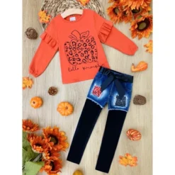 Girls Hello Pumpkin Top, Patched Denim Shorts & Legging Set Mia Belle Girls, Orange, 10 -Best Clothing Store GUEST c1602e68 f27c 4c29 8cdf 8e821a8c3e4f