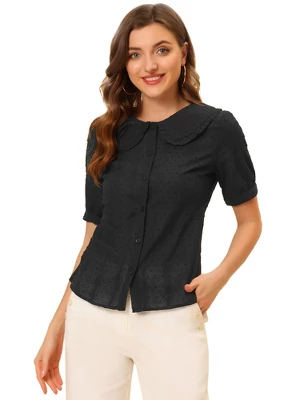 Allegra K Women's Peter Pan Collar Swiss Dots Short Sleeves Button Front Shirt 11 Allegra K Women's Peter Pan Collar Swiss Dots Short Sleeves Button Front Shirt - Image 9