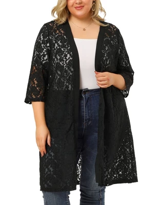 Agnes Orinda Women's Plus Size Lace Open Front 3/4 Sleeve Long Cardigans 3 Agnes Orinda Women's Plus Size Lace Open Front 3/4 Sleeve Long Cardigans