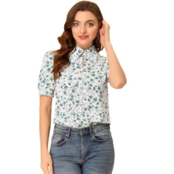 Allegra K Women's Vintage Floral Turndown Collar Split Neck Puff Short Sleeve Chiffon Elegant Blouse -Best Clothing Store GUEST cee1d401 f4ef 49c9 bb56 4dd560ef9d59