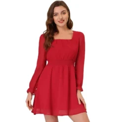 Allegra K Women's Swiss Dots Puff Square Neck Smocked Waist Chiffon Dress -Best Clothing Store GUEST cf533e2e a9f9 4f14 b534 069b7a518e1d