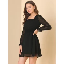 Allegra K Women's Swiss Dots Puff Square Neck Smocked Waist Chiffon Dress -Best Clothing Store GUEST d0373b5c 8dff 430c a556 2b405ffa4124