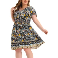 Agnes Orinda Women's Plus Size Fashion Boho Floral Smock Waist Outfits Midi Dresses -Best Clothing Store GUEST d0deddb9 d354 4a1b 9ce9 ce85b0270432