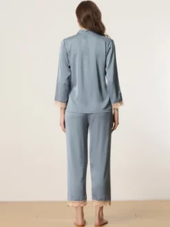 Cheibear Womens Long Sleeve Lace Trim Satin Button Shirt Pants Matching Couple Pajama Sets Sleepwear -Best Clothing Store GUEST d131258e f7ab 4c8f 912a ed505045cc65