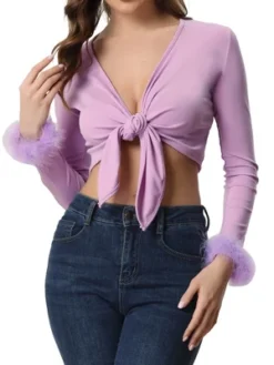 Allegra K Women's Tie Front Long Sleeve Faux Feather Cuff Open Navel Cardigan -Best Clothing Store GUEST d4580078 09c6 4f11 bb47 2bfad5492db9