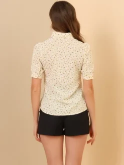 Allegra K Women's Vintage Floral Turndown Collar Split Neck Puff Short Sleeve Chiffon Elegant Blouse -Best Clothing Store GUEST dd27434a 250f 4e13 806c 5adb1a660374