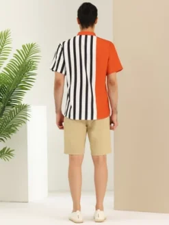 Lars Amadeus Men's Summer Hawaiian Short Sleeves Button Down Color Block Stripe Patchwork Shirts -Best Clothing Store GUEST dd584fb4 7613 4cf7 bdf0 ffccf48c8ed2