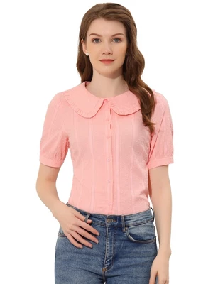 Allegra K Women's Peter Pan Collar Swiss Dots Short Sleeves Button Front Shirt 10 Allegra K Women's Peter Pan Collar Swiss Dots Short Sleeves Button Front Shirt - Image 8